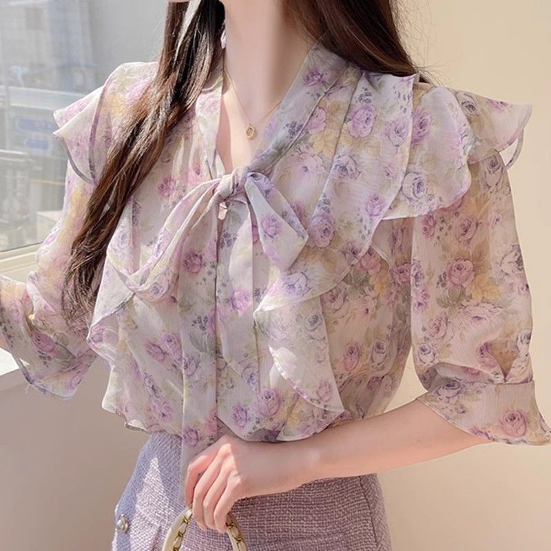 Romper Floral Print - Damska bluzka z krótkim rękawem, szyfonowa,